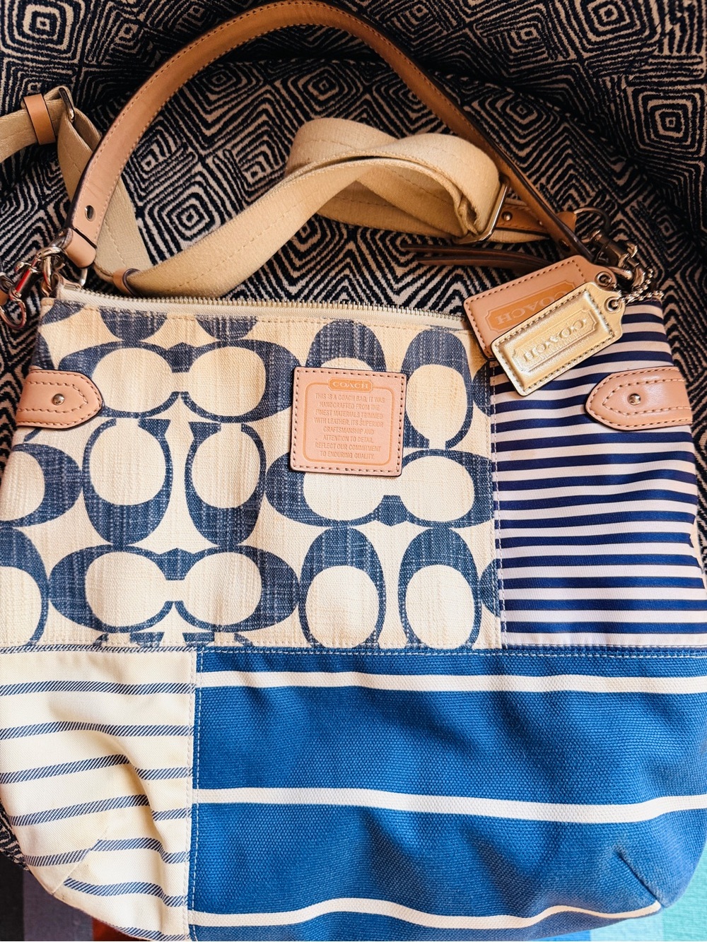 Coach Blue and Cream Patchwork Signature Shoulder Bag